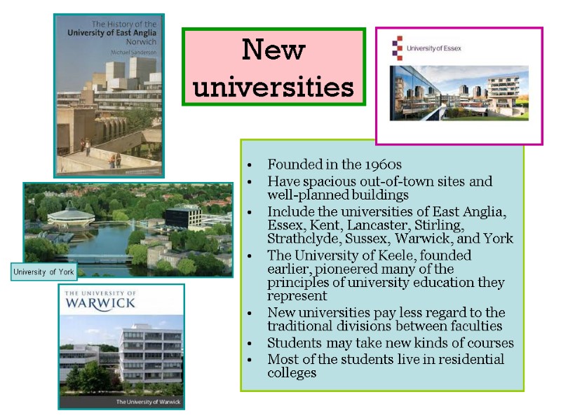 New universities  Founded in the 1960s Have spacious out-of-town sites and well-planned buildings